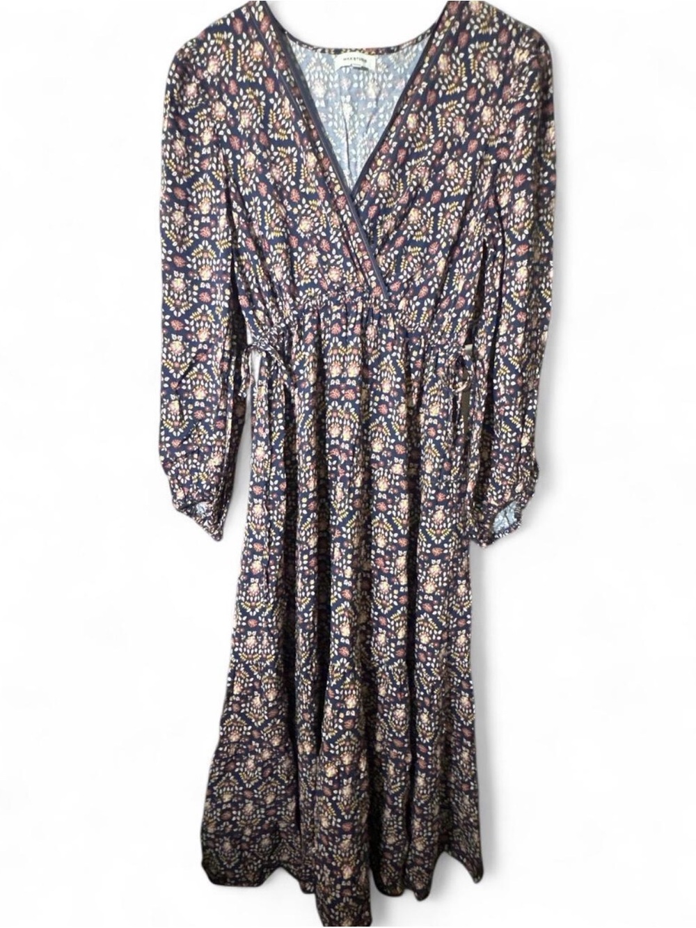 Max Studio Navy Floral Wrap Maxi Dress with Pink and Cream Accents